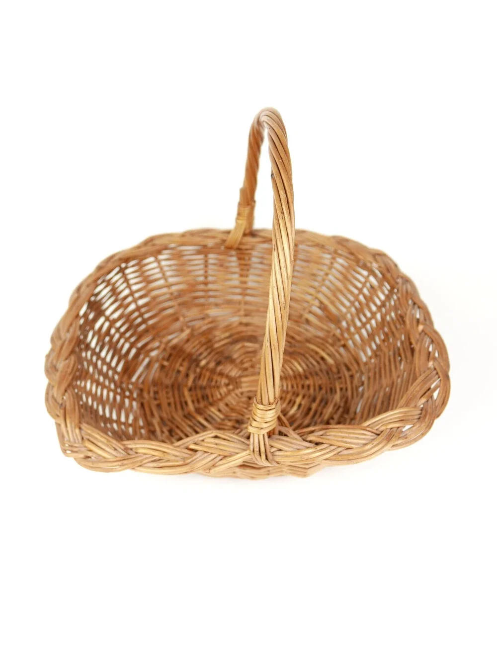 Vintage Wicker Gathering Basket Braided Woven Harvest Handle Mid-Century 12